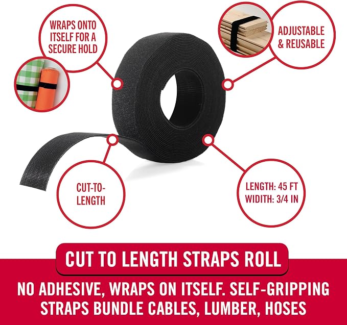 VELCRO Brand Cut to Length Straps Heavy Duty | 45 Ft x 3/4 in | ONE-WRAP Self-Gripping Double Sided Roll-| Bundling Ties Fasten to Themselves for Secure Hold,VEL-30834-AMS,Black,(Pack of 12)