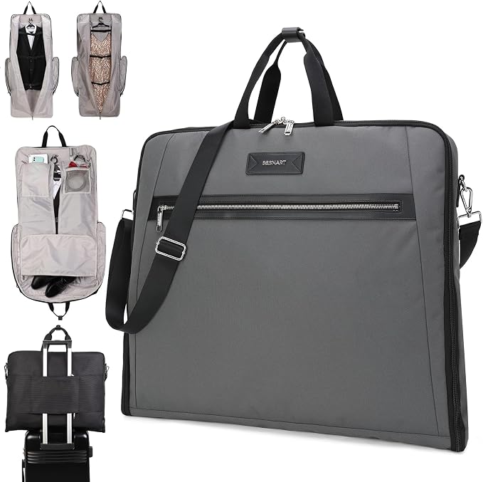 BESMART Garment Bags for Travel, 51" Large Suit Bag for Business Trips | Waterproof,Hangs 3 Suits,Foldable,Wrinkle Free Spacious Luggage Suit Cover,Adjustable Strap,Carry On Flight Approved,Grey