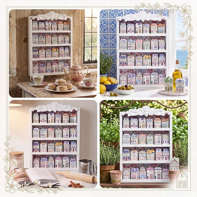 Chunful Vintage Spice Jar Wooden Rack White Rose Carved Spice Shelf for 24 Jars, Village Style Wall Mounting Kitchen Storage Decorative Hanging Display Rack, Shelf Only (19.29 x 13.19 x 3.15 Inches)