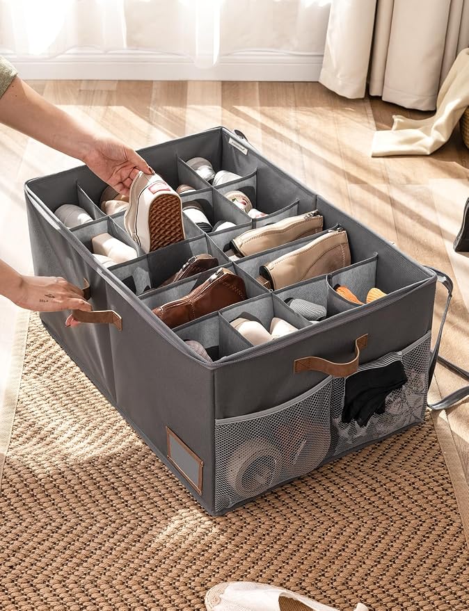 StorageWorks Large Shoe Storage Organizer for Closet, Up to 20 Pairs, Gray | Fixed Compartments, Clear Lid & Label Window, Side Mesh Pocket for Accessories, Soft Handles, Fits Flats, Sandals & Low-Tops