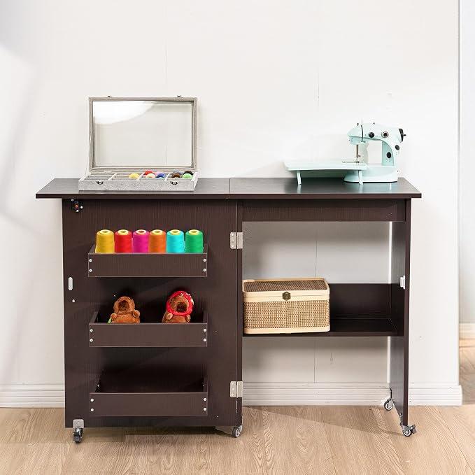 VIVOHOME Folding Sewing Table for Sewing Machine, Sewing Desk with Storage | Rolling Sewing Craft Table with Storage Shelves, Trays, Wheels, Sewing Cabinet with Lift for Small Spaces, Espresso