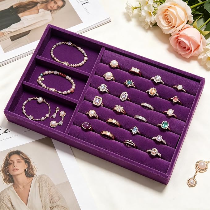 Velvet Jewelry Trays for Drawers, Purple Stackable Jewelry Drawer Organizer Inserts, Ring Earring Necklace Bracelet Holder Organizer Storage Display Tray with Removable Dividers, 2-in-1