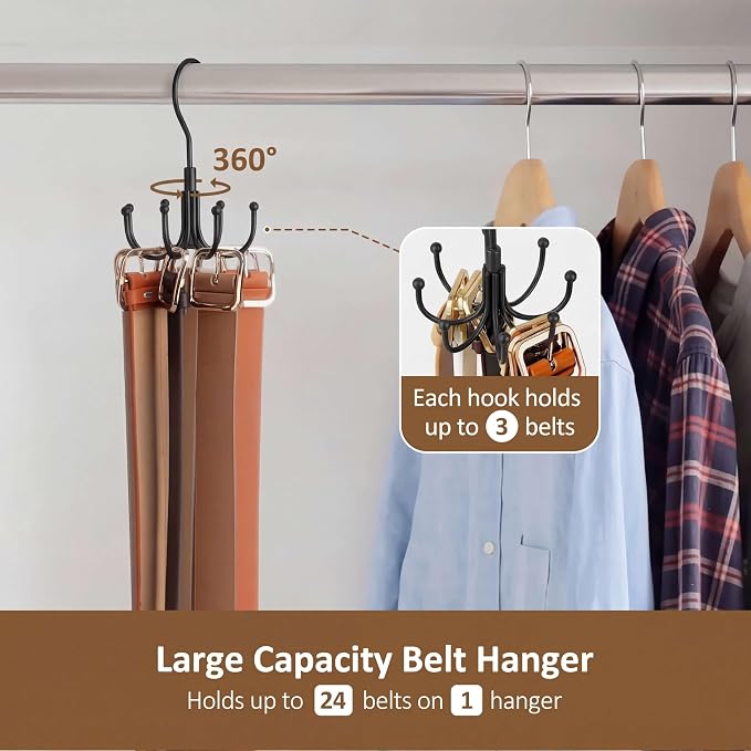 ZEDODIER Belt Organizer for Closet, Heavy-Duty Rotating Belt Hanger Tie Rack Holds up to 24 Belts, Hanging Space Saving Metal Belt Holder for Closet Storage
