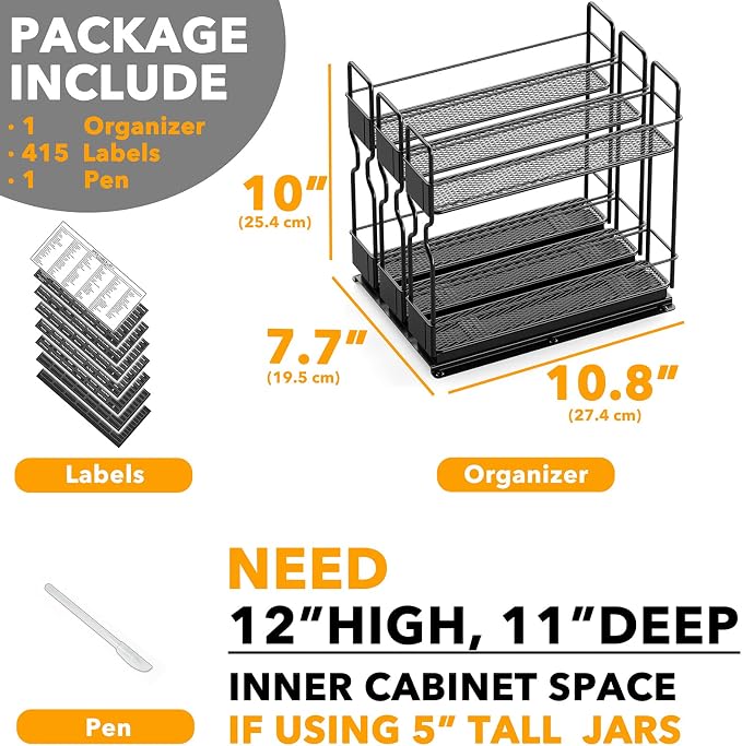 SpaceAid Pull Out Spice Rack Organizer, Heavy Duty Slide Out Seasoning Kitchen Organizer, Cabinet Organizer, with Labels, 7.7" W x10.75 D x10 H, 3 Drawers 2-Tier