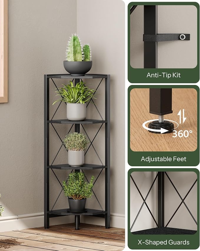 CHOEZON 4-Tier Corner Shelf, Corner Bookcase, 43.3" Tall Vertical Display Rack, Plant Stand, Open Storage Shelf, for Living Room, Bedroom, Study, Kitchen, Black TCJ14BB