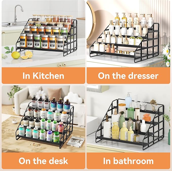 Bunoxea 4 Tier Adjustable Spice Rack for Cabinet & Countertop, Black 2Pack | Depth Adjustable,Anti-drop Guard Rail,Tiered Cabinet Organizer,Holds 24+ Jars,for Cabinet, Pantry & Kitchen Countertop