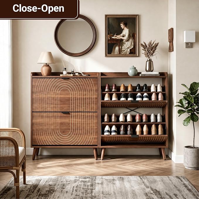 Arch-Chic Shoe Cabinet for Entryway with 2 Flip Drawers, Freestanding Shoe Storage Cabinet for Entryway, Narrow Wood Shoe Organizer for Foyer, Front Door, Hallway