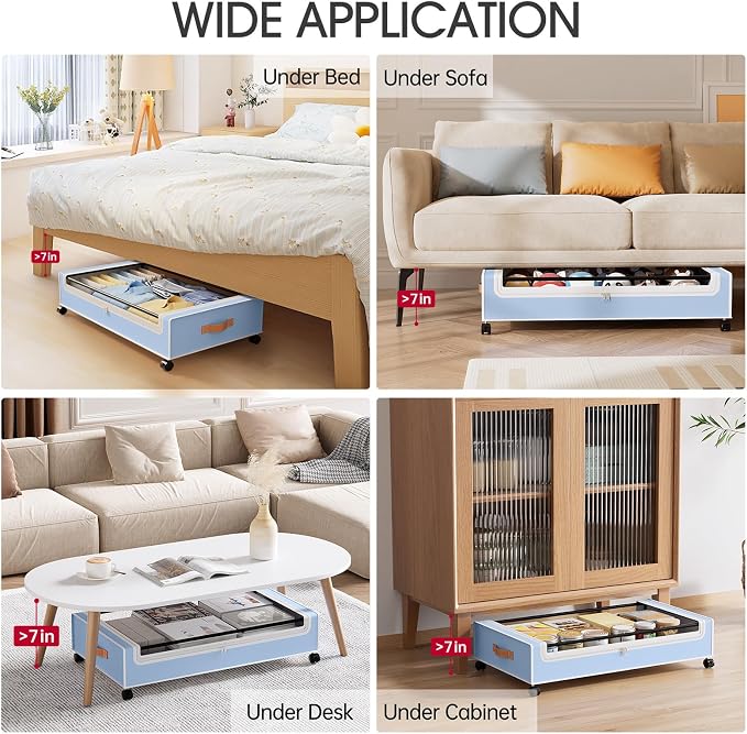 Yecaye Under Bed Storage with Wheels, 2 Pack Under Bed Storage Containers, 60L Underbed Shoe Storage with Clear Window & Label, Rolling Under Bed Metal Drawer for Clothes, Shoes, Books, Blankets, Blue
