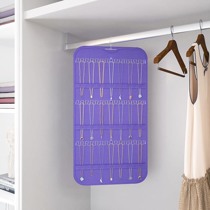 Double-Sided Hanging Jewelry Organizer for Necklaces Earrings 1-Pack Purple | Foldable 36 hooks & 40 clear pockets; swivel hook fits walls, doors & rods for earrings, bracelets, rings & small jewelry