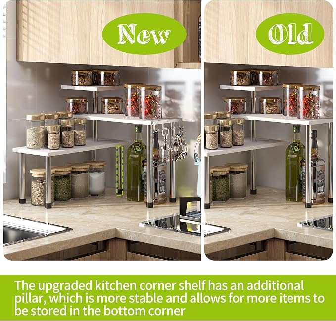BMOSU Kitchen Corner Shelf Countertop Organizer with Hooks Adjustable Spice Rack Corner Display Rack Shelf Cabinet Counter Shelves(White)