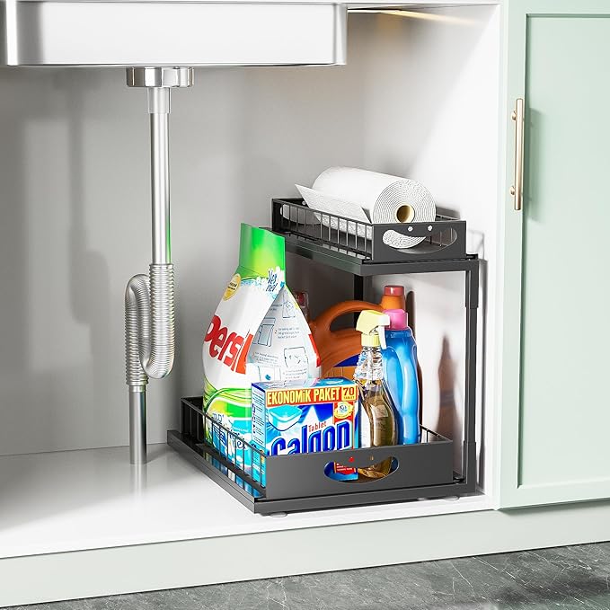 JAQ Under Kitchen Sink Organizer, 2 Tier Metal Slide Out Under Cabinet Storage Shelves Rack for Kitchen Bathroom Pantry Lanudry, Attractive emoji Smile Handle (Black, 1 Pack)