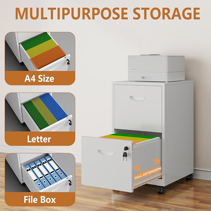 Polup 2 Drawer Rolling File Cabinet on Wheels, Mobile Two Drawer Filing Cabinet with Lock, Small Files Cabinets for Under Desk, Metal Filing Cabinets for Letter Size Folders, White - Assembly Required