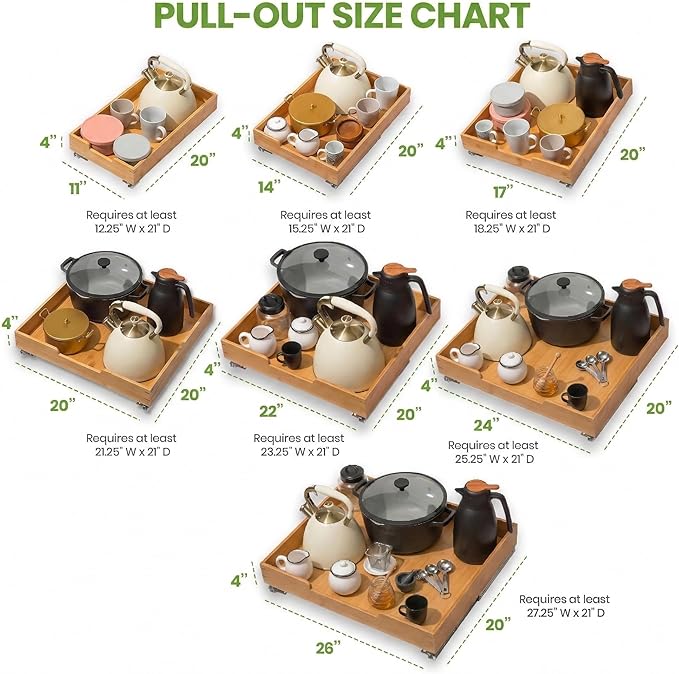 HOLDN’ STORAGE Bamboo Wooden Pull out Cabinet Organizer 17"W x 21"D Requires At Least a 18.25"W x 21"D Cabinet Opening W/Lifetime Limited Warranty, Bamboo Tray and Heavy Gauge Metal Rails