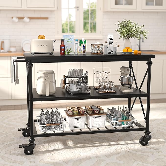 Homieasy Kitchen Island Cart with Wheels, 3-Tier Wood and Metal Rolling Kitchen Island Table with Pipe Legs, Storage Shelves & Lockable Casters for Kitchen Dining Room, Black