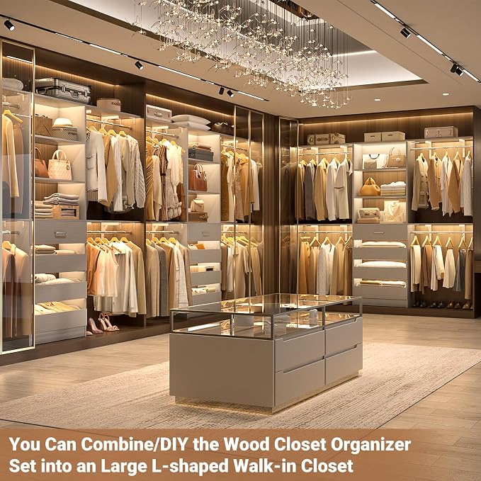 Aheaplus Closet System with 4 Drawers, 8FT Wood Closet Organizer System, 96’’ Closet Built In System Tower with Shelves, Walk-in Closet Wardrobe Clothes Garment Rack, Fits Spaces 4-9 ft, Grey1