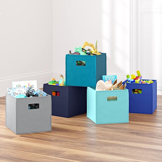 RiverRidge Folding Storage Bins - 2-pack of 10in Tall Navy Cubes | Fabric Bins, Set of 2 Storage Cubes, Cut-out Handles, Playroom Closet Organizer, Collapsible Cubby with Bottom Board Insert