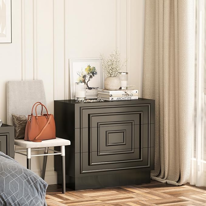 Aoikax Modern 3-Drawer Dresser, Sculptural Mid-Century Drawer of Chest with Geometric Square Pattern, Contemporary Accent Dresser for Bedroom, Living Room, Black