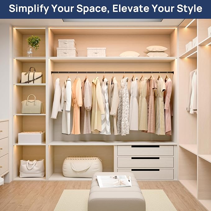 ENJOYBASICS Closet Rods for Hanging Clothes, 17 to 80 Inches Stepless Adjustable Closet Pole, 1.3 Inches Heavy Duty Clothes Rod for Wardrobes, Bathroom, Laundry and Windows, Black