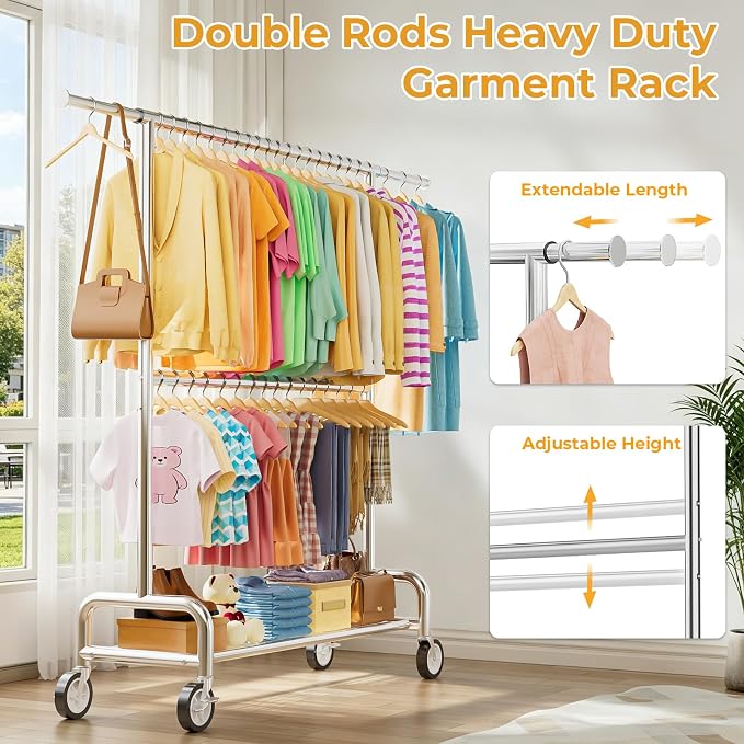 Heavy Duty Clothes Rack Load 860LBS, Double Rods Rolling Clothing Racks for Hanging Clothes, Rolling Garment Rack With Sturdy Wheels Shelves, Portable & Adjustable Commercial Garment Rack, Chrome