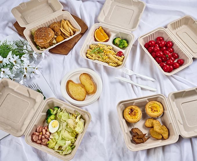 ECOLipak 75 Pack Compostable Clamshell Take Out Food Containers, 9x6 inch | Heavy-Duty Disposable To Go Boxes, Eco-Friendly Biodegradable To Go Containers For Food, Perfect for Next Day Lunch, Party