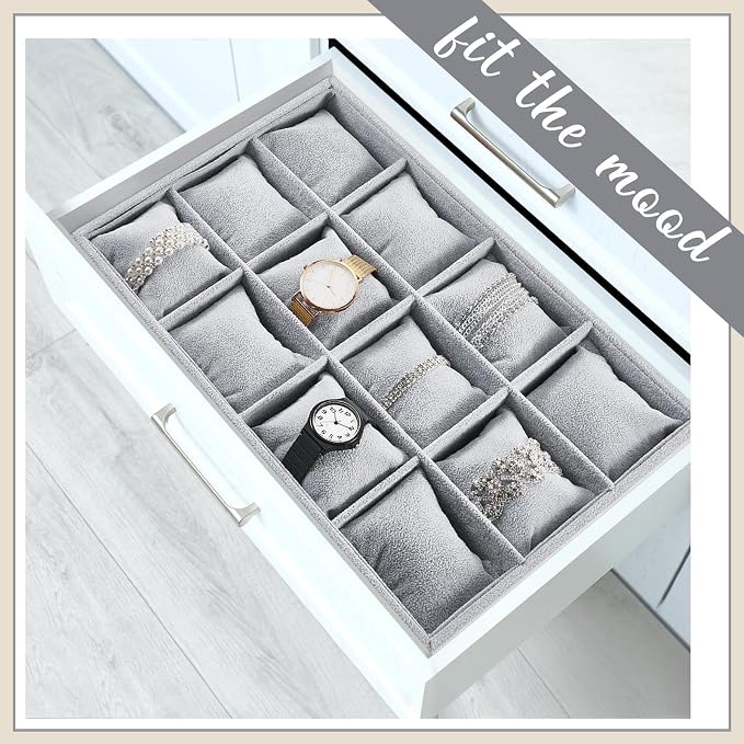 Henoyso 2 Pieces 12 Grid Velvet Watch Tray Jewelry Organizer Stackable Watch Bracelet Bangle Display Holder Adjustable Pillow (Gray)
