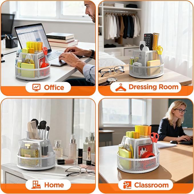 Docnest 360°Rotating Mesh Desk Organizer,6-Compartment Pen Holder,White | Heavy-duty metal holder with removable divider. Space-saving stationery storage for pencils, scissors & markers