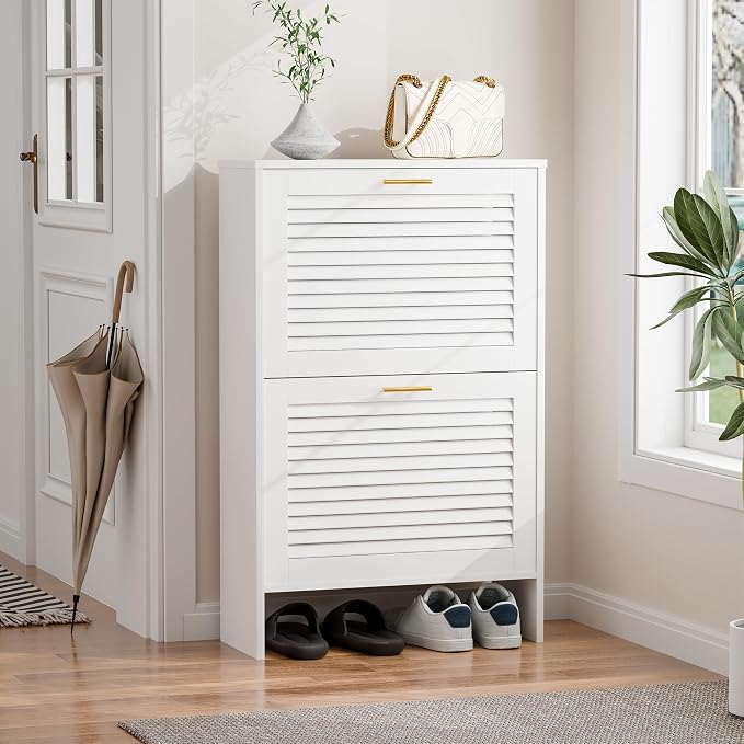 Narrow Shoe Cabinet Storage for Entryway, White | Freestanding Shoe Organizer with 2 Flip Drawers, Louvered Doors, Anti-tip Device, Modern Show Rack
