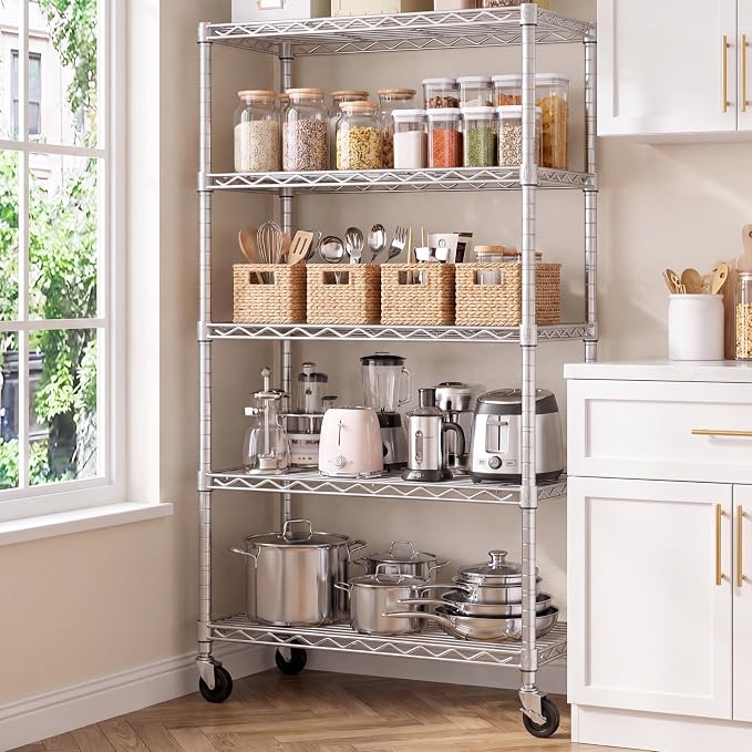PrimeZone 75" H Wire Shelving 5 Tier Slim Steel Storage Metal Shelves with Wheels,Adjustable Kitchen Utility Shelving Unit,Pantry Rack Rolling Metal Shelf Chrome 24" Wx18 Dx75 H