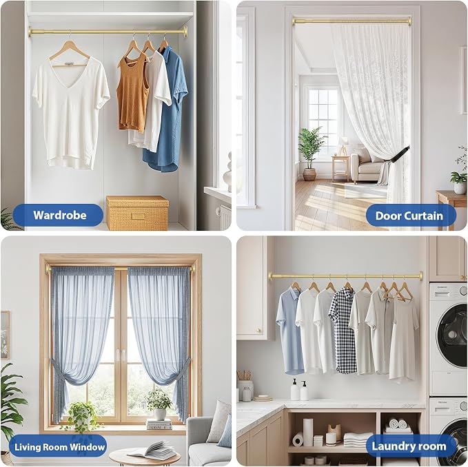 Tension Curtain Rod 32-62Inch Gold Shower Rod Tension Rod Adjustable Curtain Rods no Drilling Tension Rod for Windows,Closets,Doorway