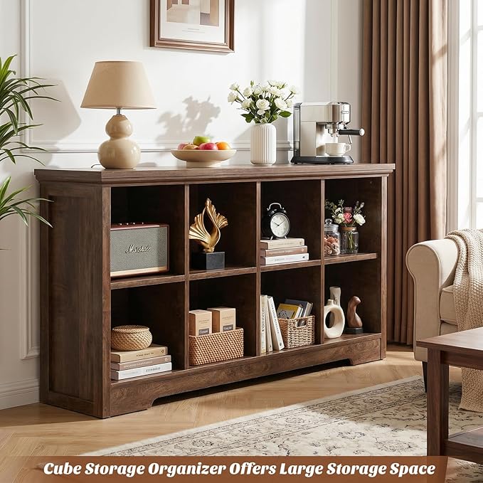 Aheaplus Wooden 8-Cube Storage Organizer with Charging Ports, Modern Cube Bookcase with Base, 3-Tier Floor Standing Open Cubbies Bookshelf, Cubicle Display Shelf for Home and Office, Cracked Oak