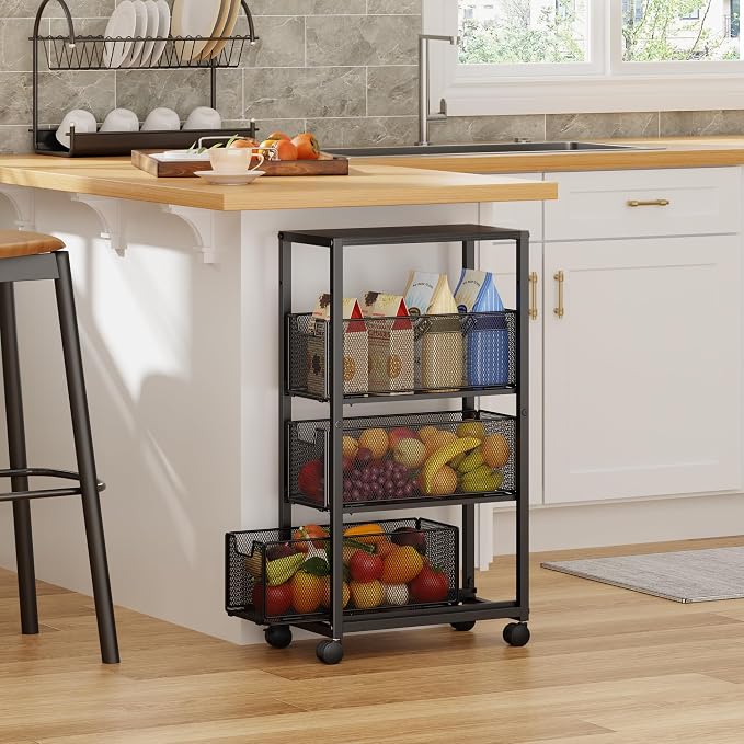 4 Tier Kitchen Rolling Cart, Kitchen Storage Cart with Wheels, Adjust Pantry Organizer and Storage Cart with Drawer, Fruit Vegetable Spice Storage Cart, Wooden Top Metal Kitchen Organizer Rack Stand