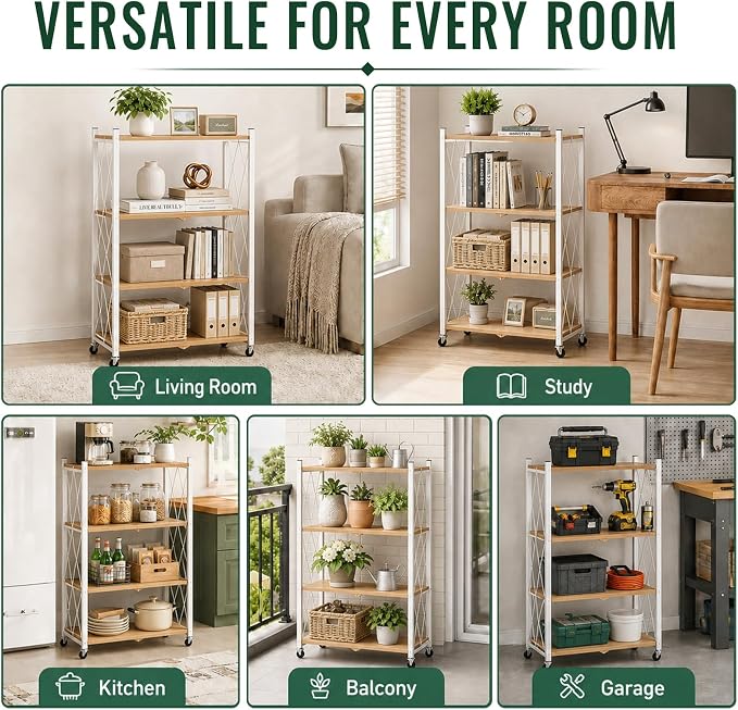 black leopard 4-Tier Foldable Shelf with Wheels, Wood-Grain Steel Shelves | Pre-assembled frame unfolds in seconds with tool-free wheel setup for fast, convenient use.