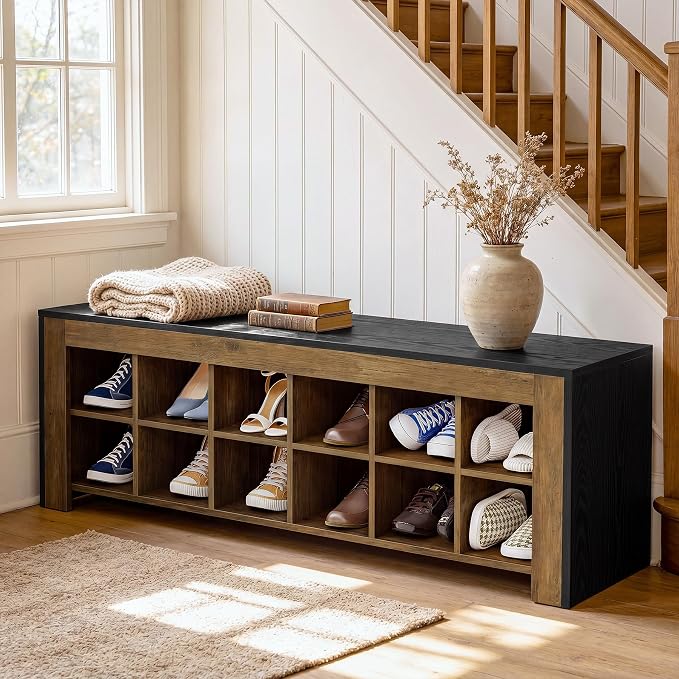 Tribesigns 48-inch Farmhouse Entryway Bench, Wooden Shoe Storage Bench with 12 Cubbies & Compartments, Shoe Rack Organizer, Freestanding Shoe Cabinet for Hallway, Mudroom, Cloakroom, Bedroom