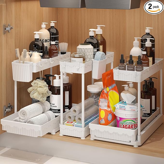 Sevenblue 3 Pack Multi-Purpose Under Sink Organizers and Storage, 2026 L-Shaped Pull Out Cabinet Organizer for Bathroom & Kitchen, Under Cabinet Organizer with Hooks Hanging Cup (White, 14.85 inch)
