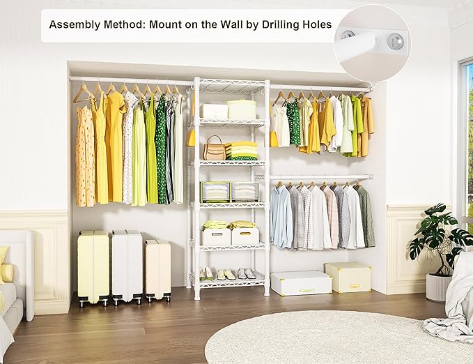 Ulif M5 Wall Mounted Clothes Garment Rack, Heavy Duty Closet Storage and Organizer with 6 Shelves and 3 Expandable Hanger Rods, Space Saver Suit (46.2-102.4)" W x 14" D x 83.1" H, White