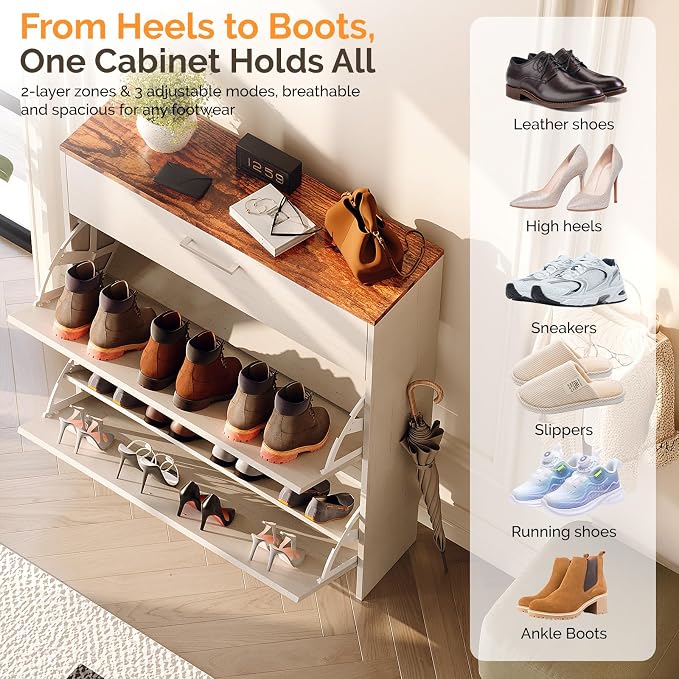 VINGLI Shoe Cabinet for Entryway, Farmhouse Slim Shoe Rack Storage with 3 Flip Drawers, Rustic Brown Top & Washed White Body, Narrow Hidden Shoe Organizer for Hallway, 9.5" Depth
