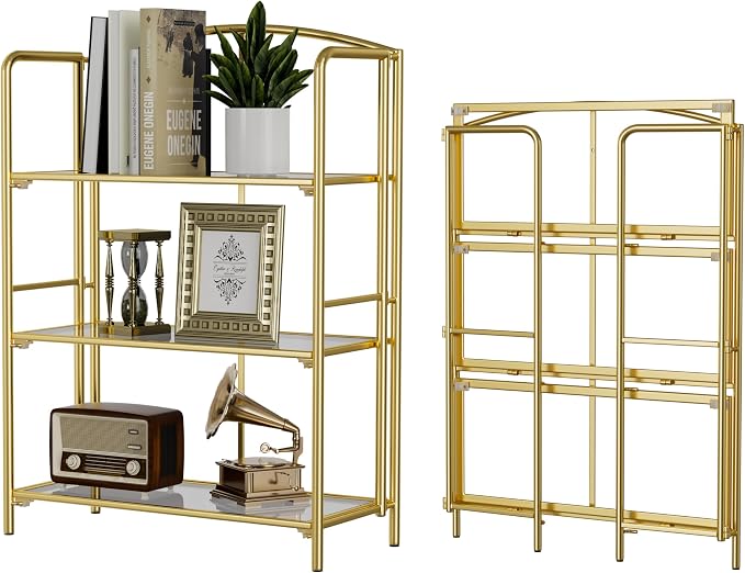 Crofy 3-Tier Wider Foldable Bookshelf, Gold Frame & Transparent Shelves | No-Assembly Collapsible Portable Storage Organizer; Sturdy Transparent Shelves; Ideal for Living Room & Home Office