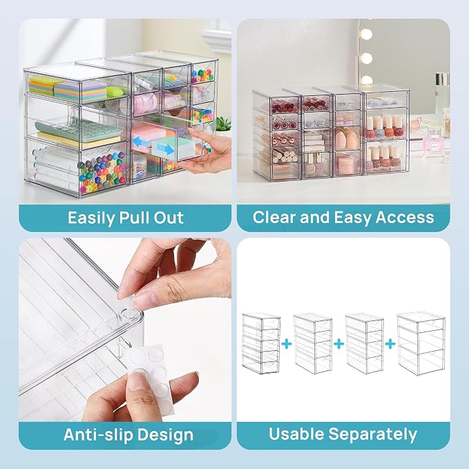 Vtopmart 4 Set Clear Desk Organizer, Acrylic Pen Organizer with 16 Drawers | Desktop Organization and Storage, Clear Storage Drawers for Office Supplies, Pen, Makeup, Art Craft, Jewelry, Nail