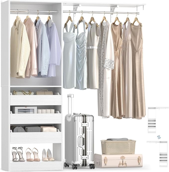 5FT Closet System with 3 Half-Open Wooden Drawers, 60'' Closet Organizer System with 2 Reversible Hanging Rods and Big Wing Shelf, 80" Tall Wall Mounted Wardrobe for Walk-in Closets, White