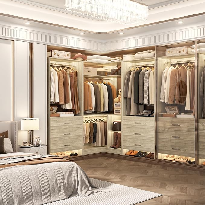 Aheaplus Closet System with 6 Drawers, 4 Hanging Rods & Corner Tower, Corner Closet System with Hanging,80.9" L-Shaped Walk-In Wardrobe Organizer, 2000+ lbs Capacity, Set of 3, White Oak