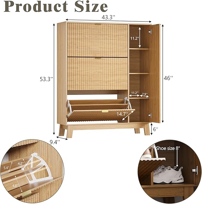 Shoe Cabinet Storage for Entryway with 3 Flip Drawers & Side Cabinet, Fluted Narrow Shoe Organizer with Wooden Leg, Freestanding Shoe Storage Hidden Shoe Rack Organizer for Front Door Entrance, Oak