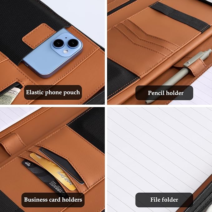 ProCase Portfolio Business Padfolio Folder with Zipper -Tan | Conference Meeting Executive File Legal Document Organizer with Pockets Letter Size A11 Writing Pad Notepad Padfolio