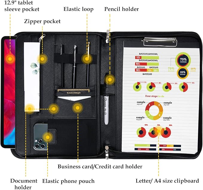 ProCase Portfolio Business Padfolio Folder with Zipper -Black | Conference Meeting Executive File Legal Document Organizer with Pockets Letter Size A5 Writing Pad Notepad Padfolio