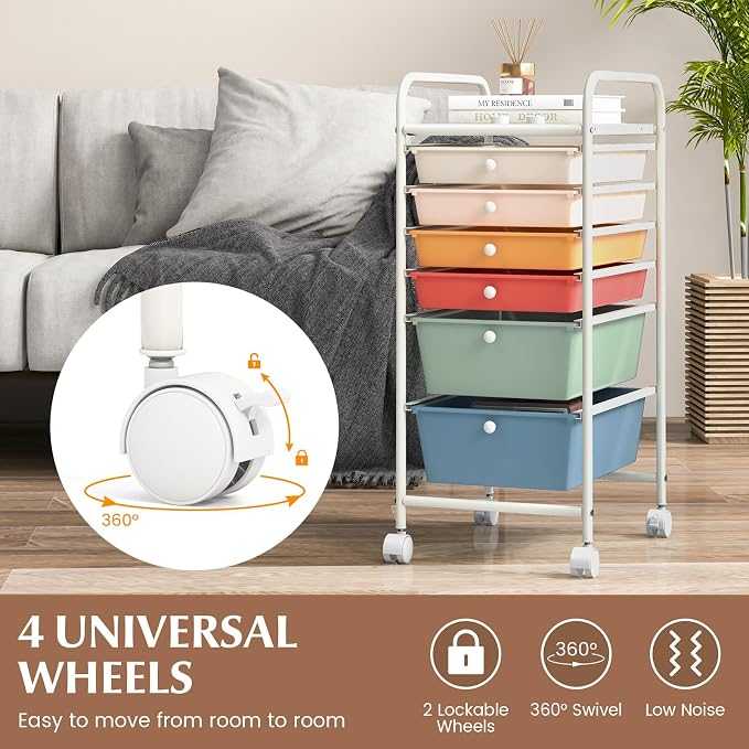 DREAMADE Rolling Cart With Storage Drawers, Utility Cart With Removable Plastic Drawers, Lockable Wheels for Classroom Organization, Art Supplies, Office, Scrapbook (6 Drawers, Macaron)