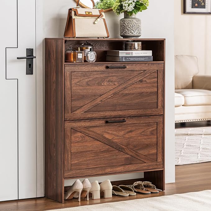 RWYHG Shoe Cabinet Storage for Entryway with 2 Flip Drawers Open Storage Layer Rack Narrow Organizer Slim Hidden Wood Shoe Cabinet Furniture Walnut