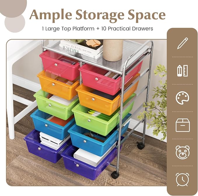 COSTWAY 10 Drawer Rolling Storage Cart, Utility Cart with Lockable Wheels | Mobile Art Supply Craft Organizer with Metal Frame, Multipurpose Drawer Cart for Paper for Office, School, Rainbow