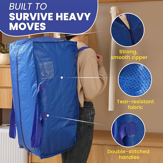 AXIESO Extra Large Moving Bags - 8-Pack Heavy Duty Storage Duffel - Sturdy Backpack Straps Handles, Zippers - Reusable Moving Storage Bags for Clothes - Folding Collapsible Storage Tote Bag Set – Blue