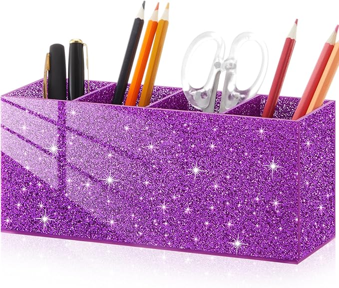 Jetec Acrylic Glitter Purple Pen Holder 4 Compartments Bling Makeup Brush Stationery Organizer Pencil Holder for Desk Accessories Sparkly Gifts for Women Back to School Birthday Desktop Office