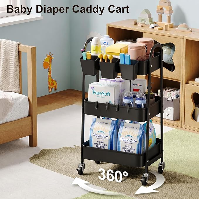3 Tier Metal Rolling Cart with Lockable Wheels, Black Three Tiered Utility Storage Organizer Carts on Wheels for Bathroom, Kitchen, Laundry, Garage, Office, Craft, Art, Baby, Diaper Caddy, Snack, Book