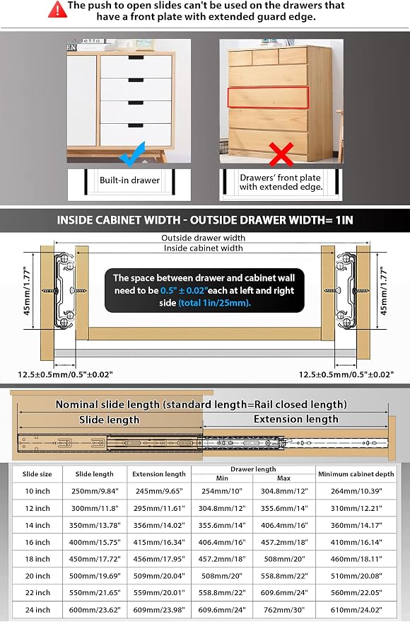 YENUO 5 Pairs Push to Open Drawer Slides Full Extension 12–24 Inch 100 LB | Side Mount Heavy Duty Touch Release Drawer Glides Rails Ball Bearing 12–24 Inch for Kitchen Dresser Hardware Cabinet